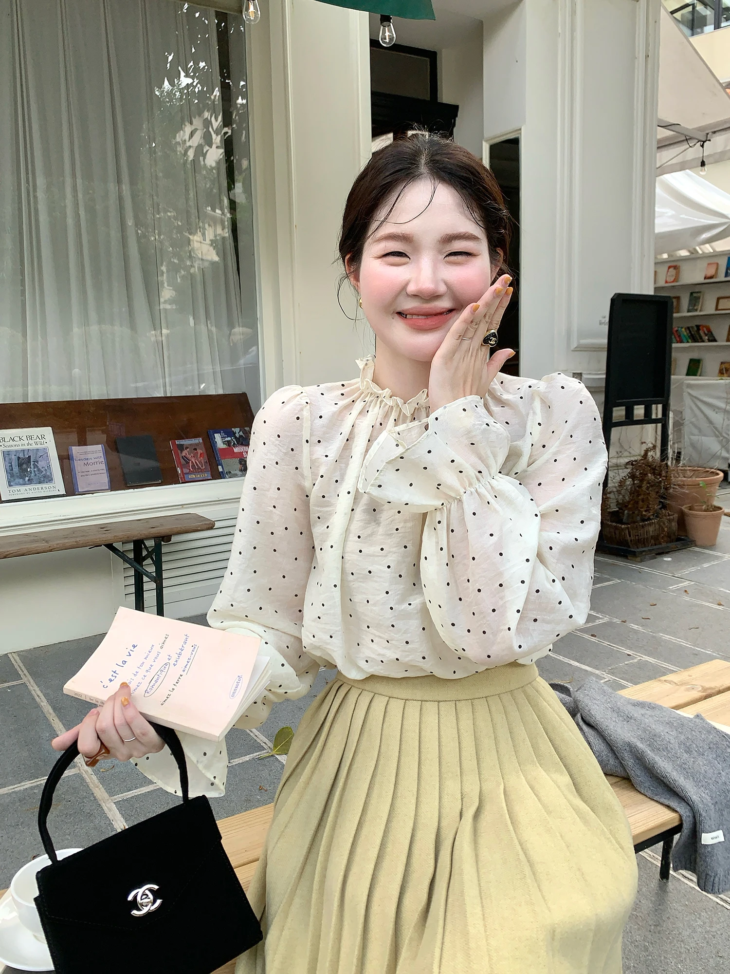

Korean Sle Long Sve Thin irt Women's Polka Dot Blouse Spring Autumn Season Cotton Gauze Fabric Stand Collar Design