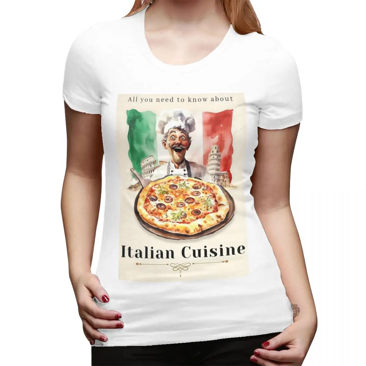 Camiseta de pizza com bandeira italiana para mulheres, gola redonda, streetwear, camisetas femininas, roupas curtas de verão