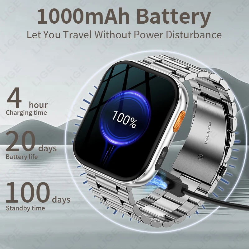 Reloj inteligente LIGE con batería grande de 1000mAh para exteriores, reloj inteligente con pantalla completamente táctil de 2,04 ", linterna LED, relojes inteligentes de salud y ritmo cardíaco