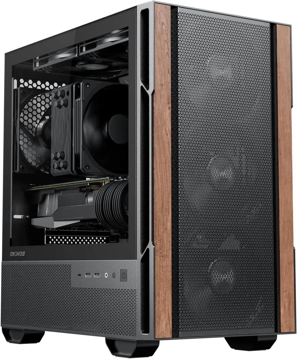 Genuine Walnut Wood Micro ATX PC Case with 4 Fans, Tempered Glass Side Panel, Type-C Port in Black