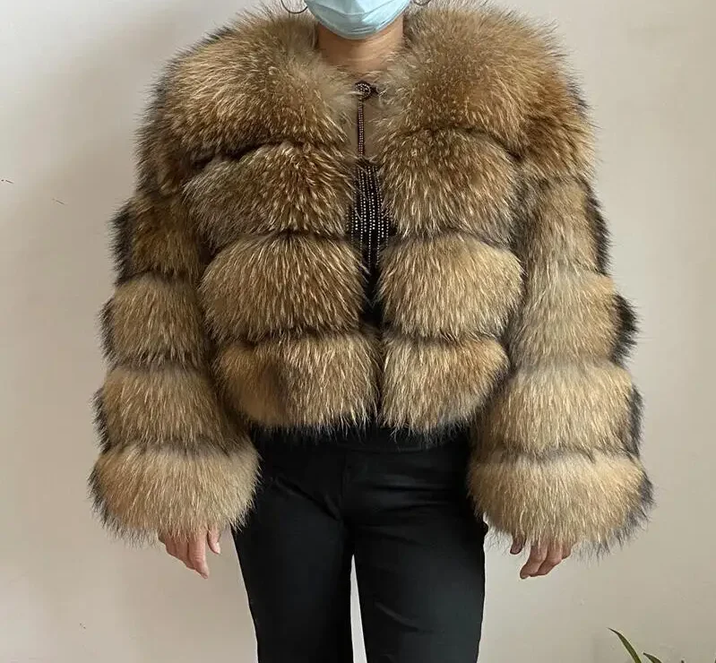 Real raccoon fur coat Fashion hot sale women's winter long sleeve natural luxury jacket Thick tops