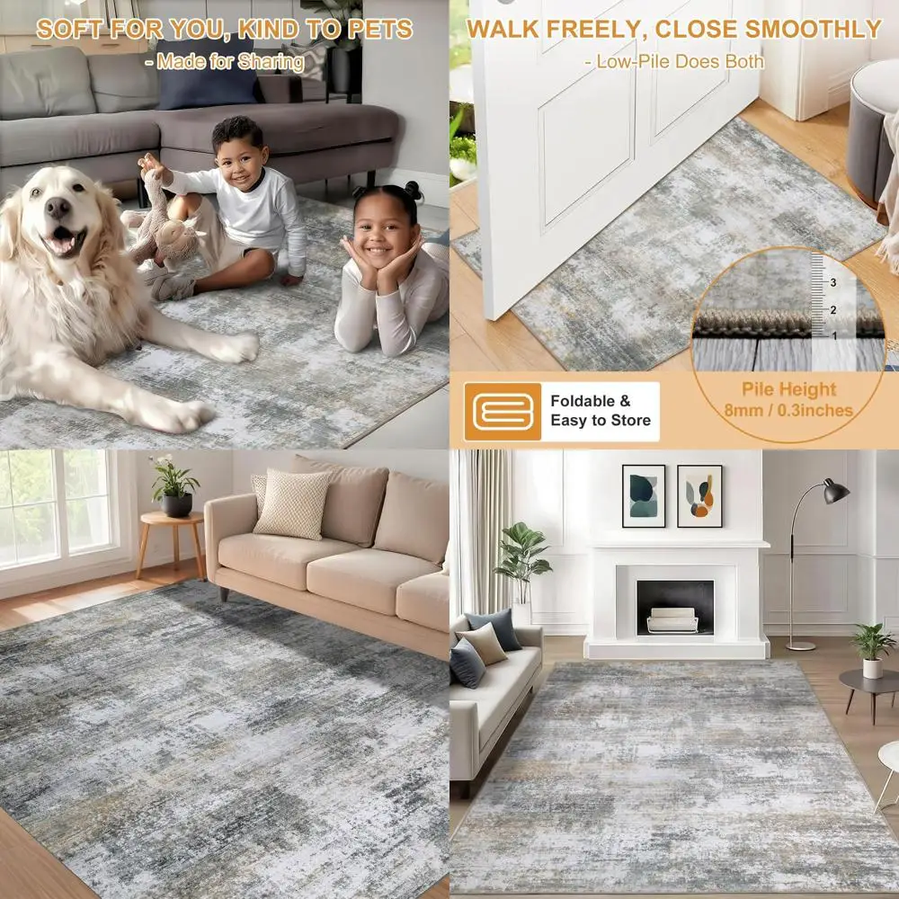 

5x7 Boho Chic Washable Area Rug, Non-Slip for Living Room & Bedroom, Vintage Floral Print, Indoor Decor, Kid & Pet Friendly