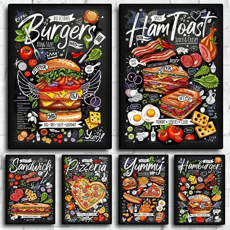 Food Posters Fries Burger Pizza Sandwich Restaurant Kitchen Aesthetic Canvas Painting Poster Wall Art Picture Room Decoration