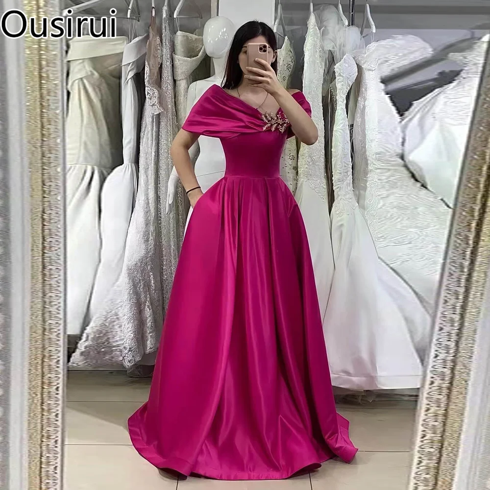 

OUSIRUI Stunning Off the Shoulder Satin Solid Evening Dress A-line Backless Long Court Evening Gown Beaded vestidos de festa