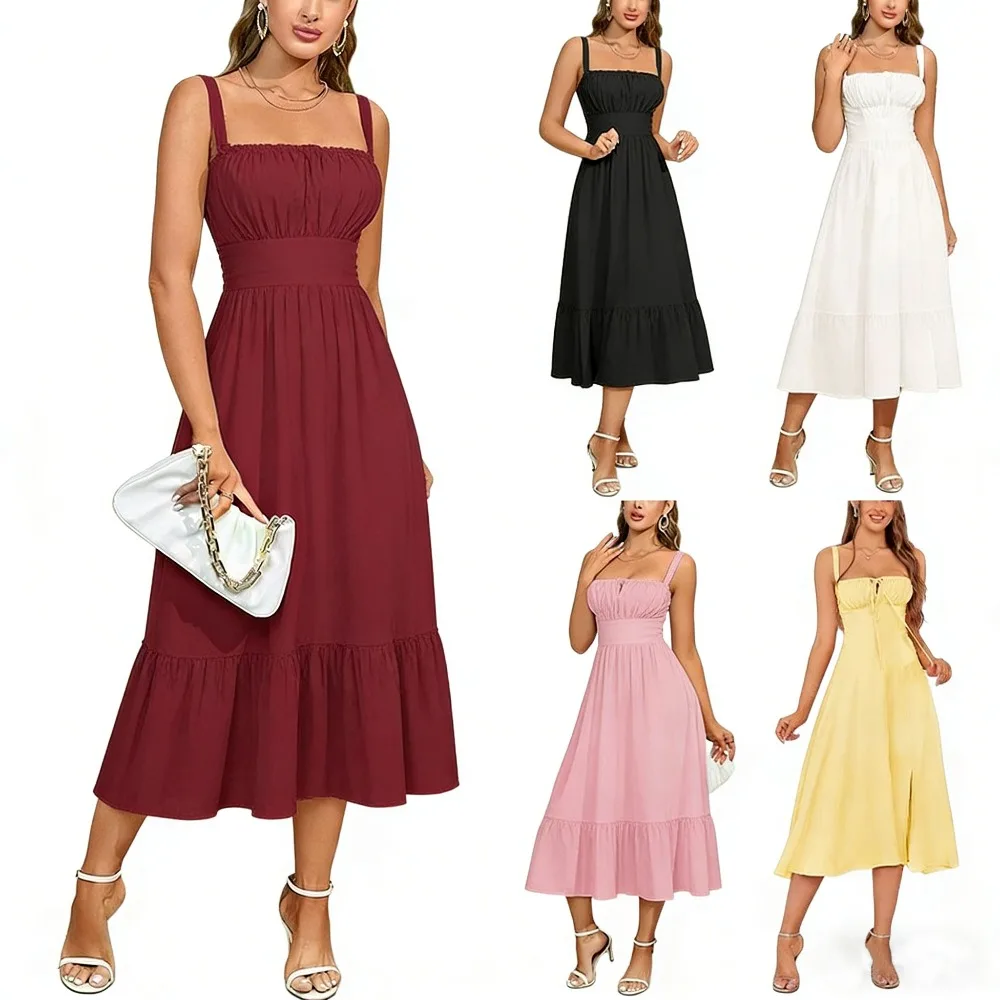 Nova moda verão vestidos femininos sólido pescoço quadrado cami ruched espartilho cintura midi a linha saias elegante vestido de festa de verão y2k