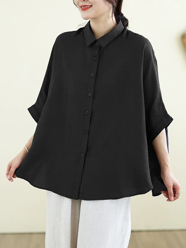 

Loose Fit Cotton Linen Batwing Sleeve Shirt Casual Button up Turn down Collar Top for plus Size Women Comfortable Breathable