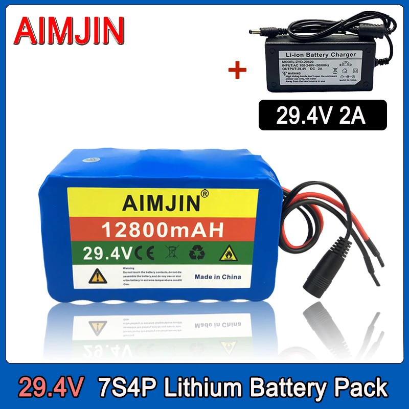 

29.4V 12.8ah 18650 Lithium Ion Battery Pack 7S4P Large Capacity Built-in BMS with Charger