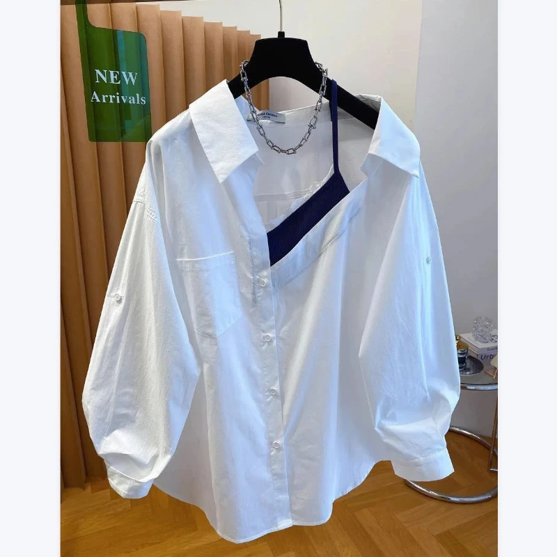 Two-piece Contrast Patchwork Loose Lazy Blouse Spring Autumn New Long Sleeve Korean Shirt Tops Fashion Trend Women Clothing