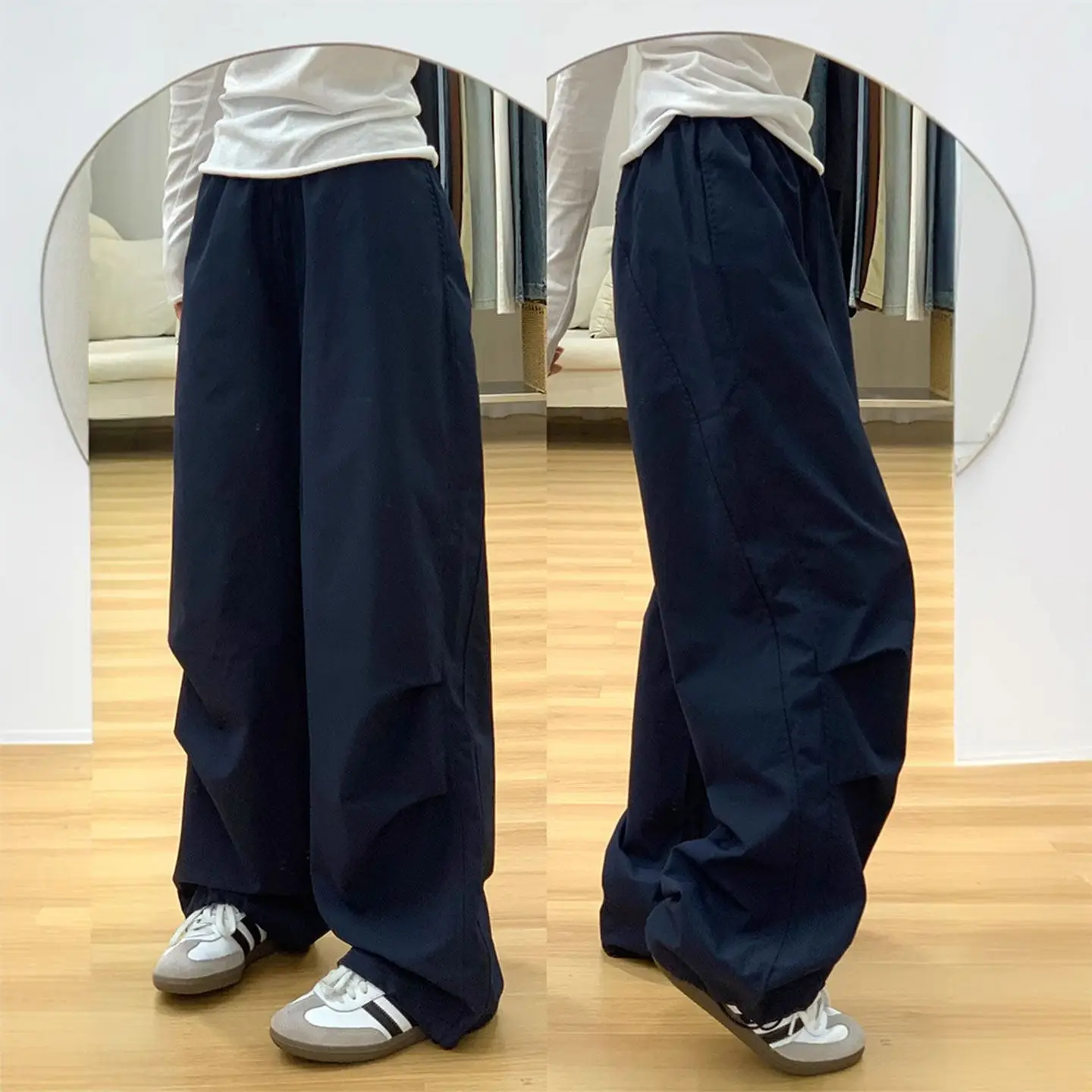 

Ретро-брюки в американском стиле, темно-синие, женские, летние, с высокой талией, прямые, больших размеров, для весны и осени, повседневные, спортивные.