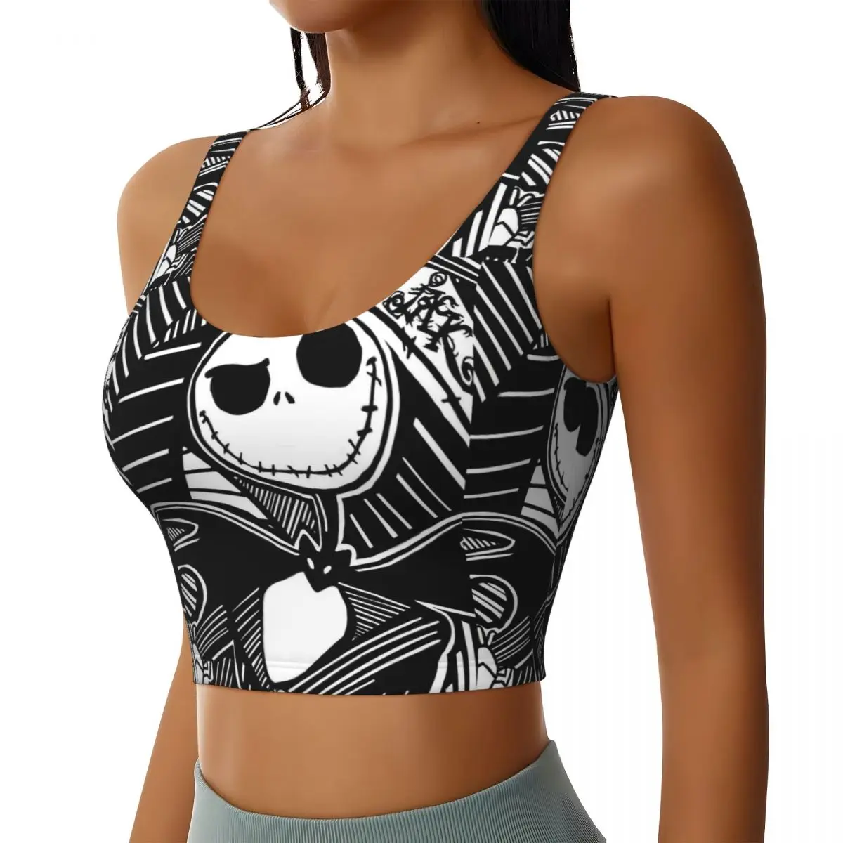 Custom Nightmare Before Christmas Sports Bra for Women Skellington Halloween Skull High Impact Workout Yoga Crop Top