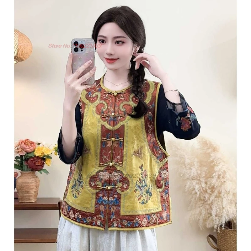 

2025 national flower embroidery satin jacquard vest chinese traditional o-neck folk vest oriental ethnic sleeveless jacket vest