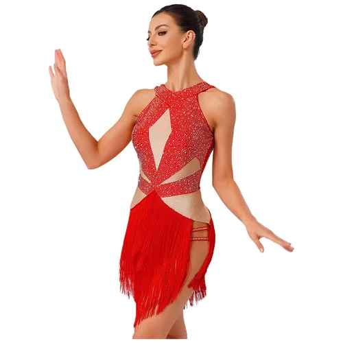 Imagen 2 del producto Leotardo de baile de Tango latino para mujer, mono con diamantes de imitación y espalda descubierta con borlas escalonadas, mono de Color contrastante para Chacha Rumba Samba