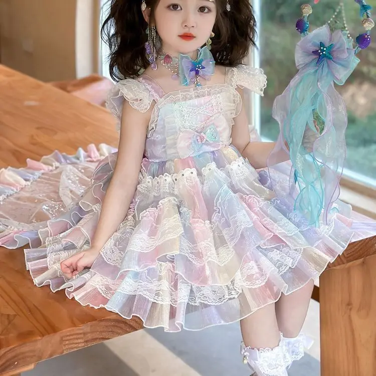Summer Backless Lolita Ball Gown Dress Girls Kids Sets Princess Shiny Dress Birthday Party Childrens Gauze Clothing Bow Sundress