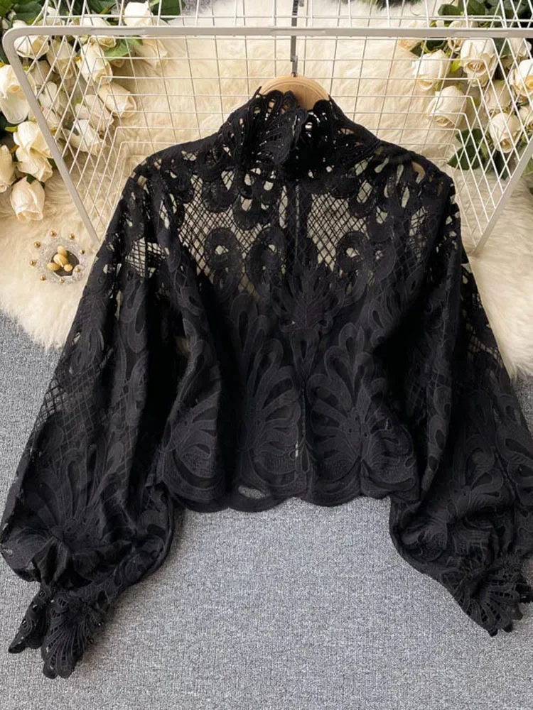 Spring Autumn New Fashion Blouse Female Hollow Lantern Sleeve Temperament Blusa Stand-up Collar Slim Short Lace Shirt C342