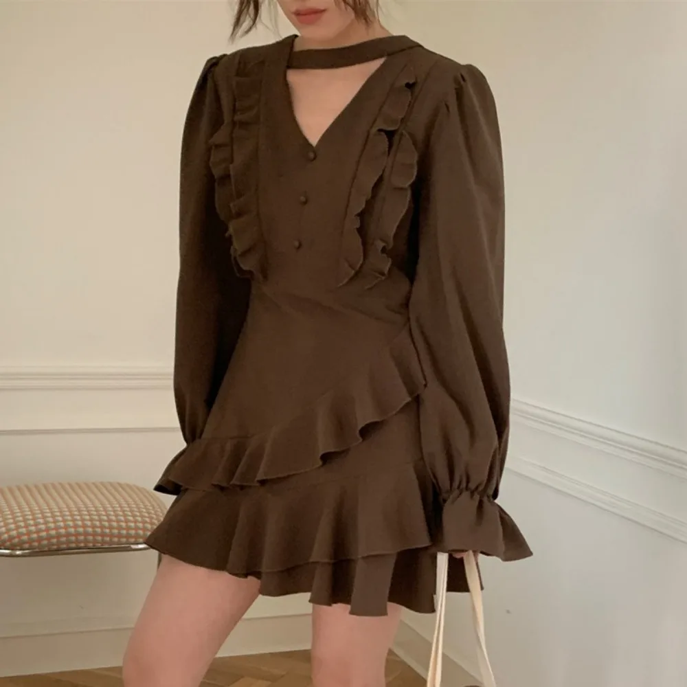 

Spring Halter Full Sleeve Women's V Neck Ruffles Mini Dresses High Waist Short Pullover Vestidos Female 2025