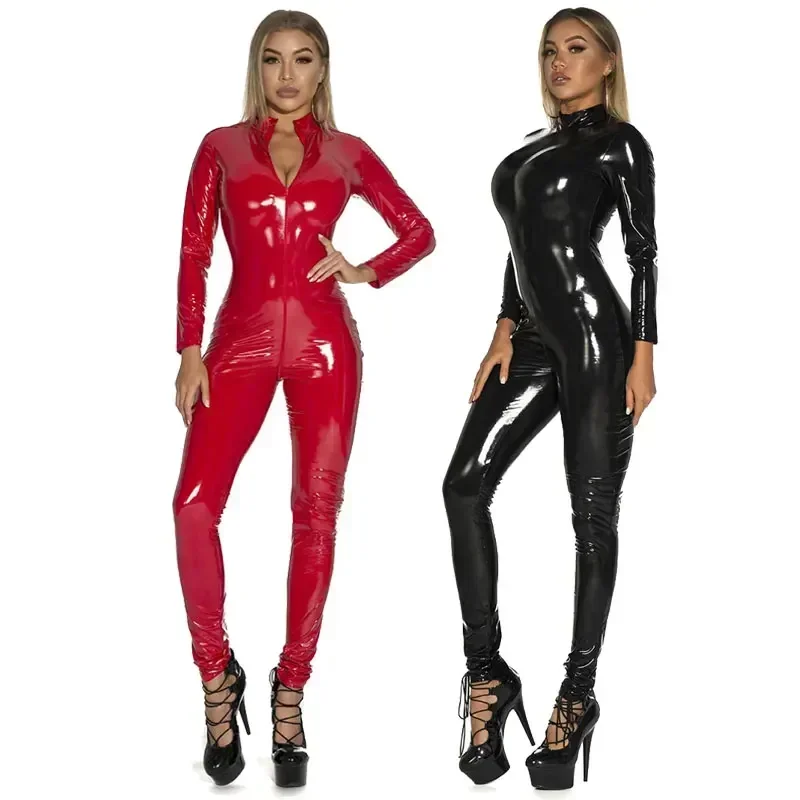 Sexy Hot Women Faux Leather Catsuit PVC Latex Bodysuit Front Zipper Open Crotch Jumpsuits Stretch Bodystocking Leather Jumpsuit