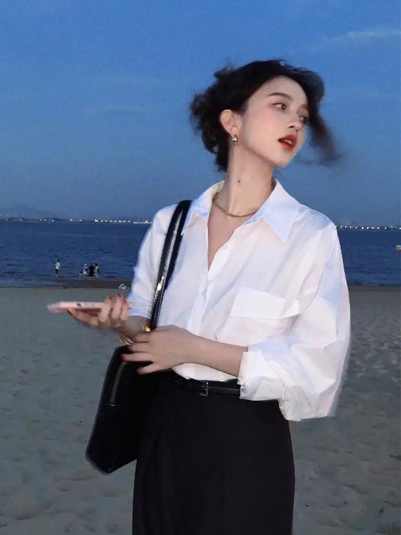 

Retro Spring Style Simple Loose Women's Shirt Wine Noon Harbour Fashion Slimming Layering Top Collar Long Sleeve Cotton