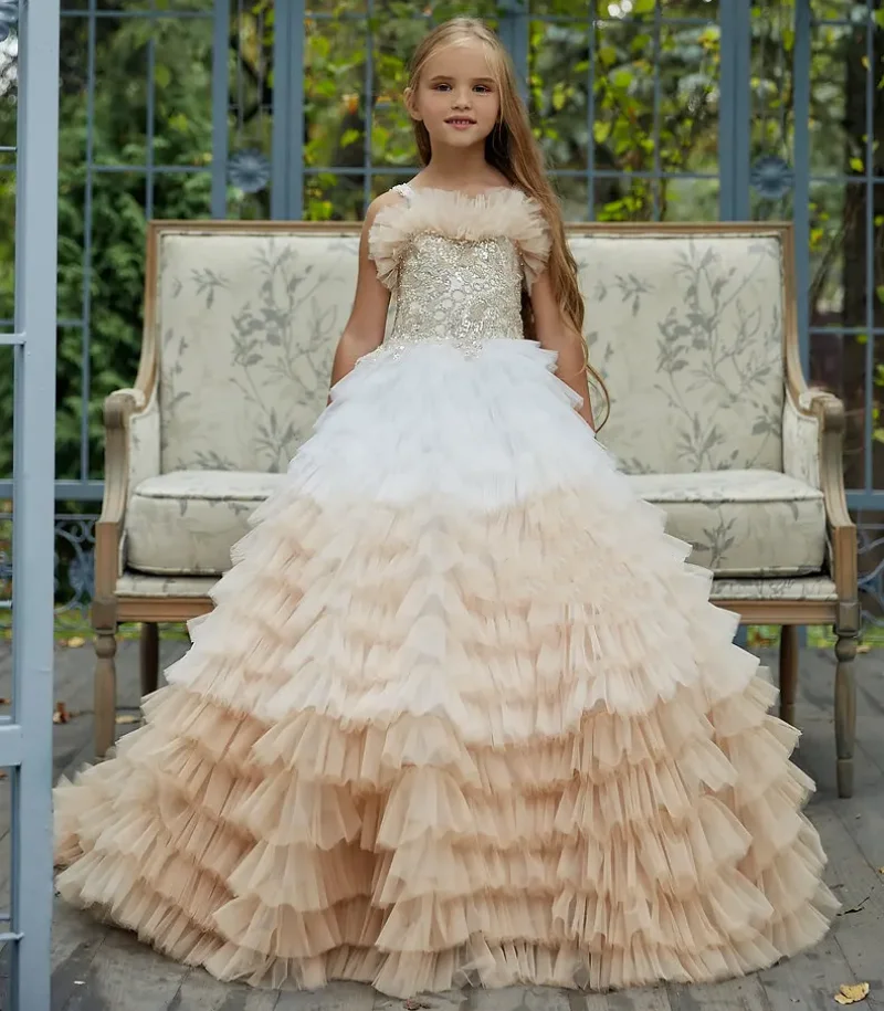 Ball Gown Champagne Puffy Flower Girl Dresses Off the Shoulder Children Birthday Party Gowns Kids First Communion Dresses