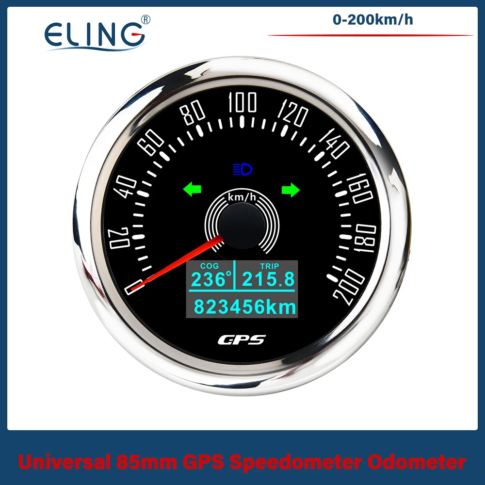 

ELING 85mm GPS Speedometer 0-160MPH 0-200KM/H Odometer with COG Left Right Turn Light 7 Colors Backlight for Auto Truck Vessels