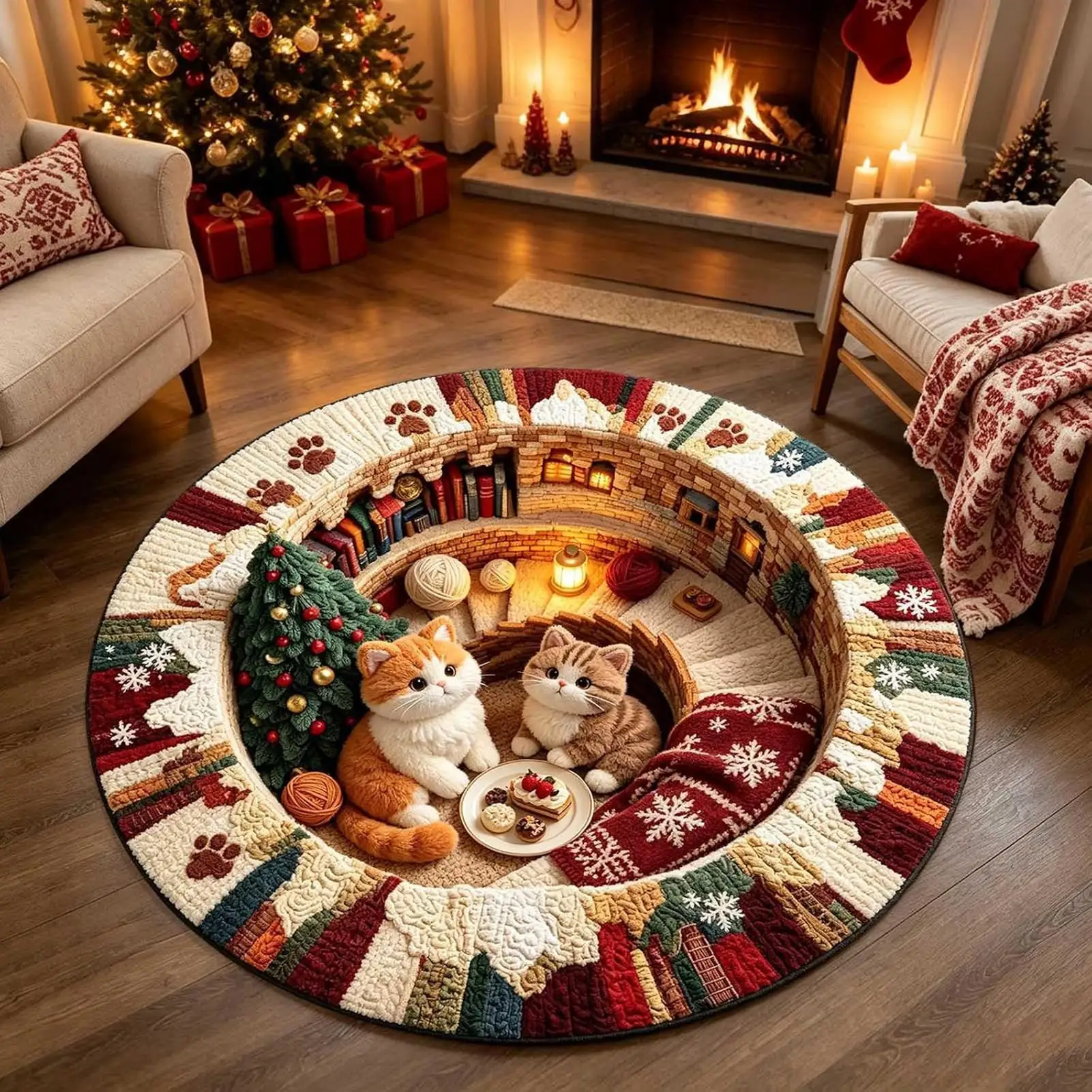 Christmas Area Rug 3.28Ft Soft Round Non Slip Optical Illusion Carpet Cute Floor Mat Home Decor for Home Bedroom Living Room