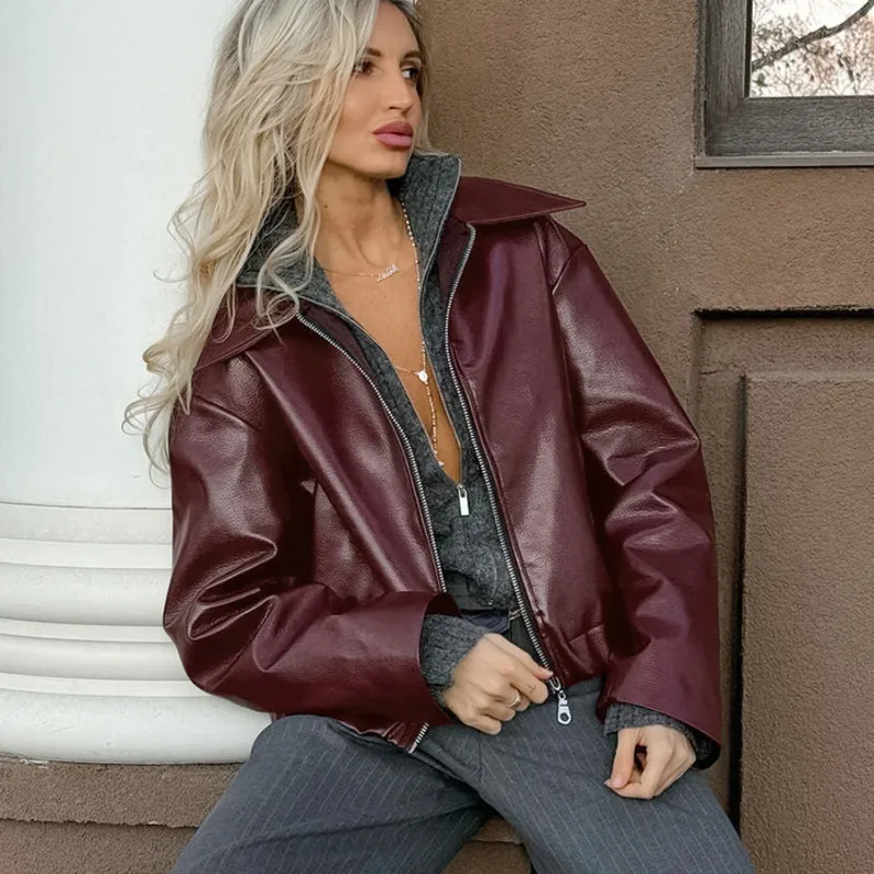 Fashion Vintage Red Long Sleeve Women Coat Patchwork Lapel Zipper Leather Jacket 2024 Autumn Winter Female Casual Streetwear Top