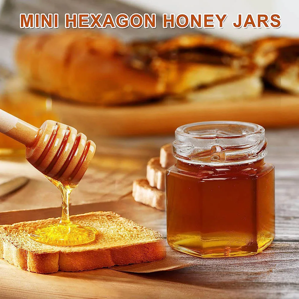 Hexagon Mini Glass Jar with Wood Dipper,Gold Lid,Bee Pendant,Jute Rope, Small Containers, Bottles for Jam Candies, Honey Bab,1.