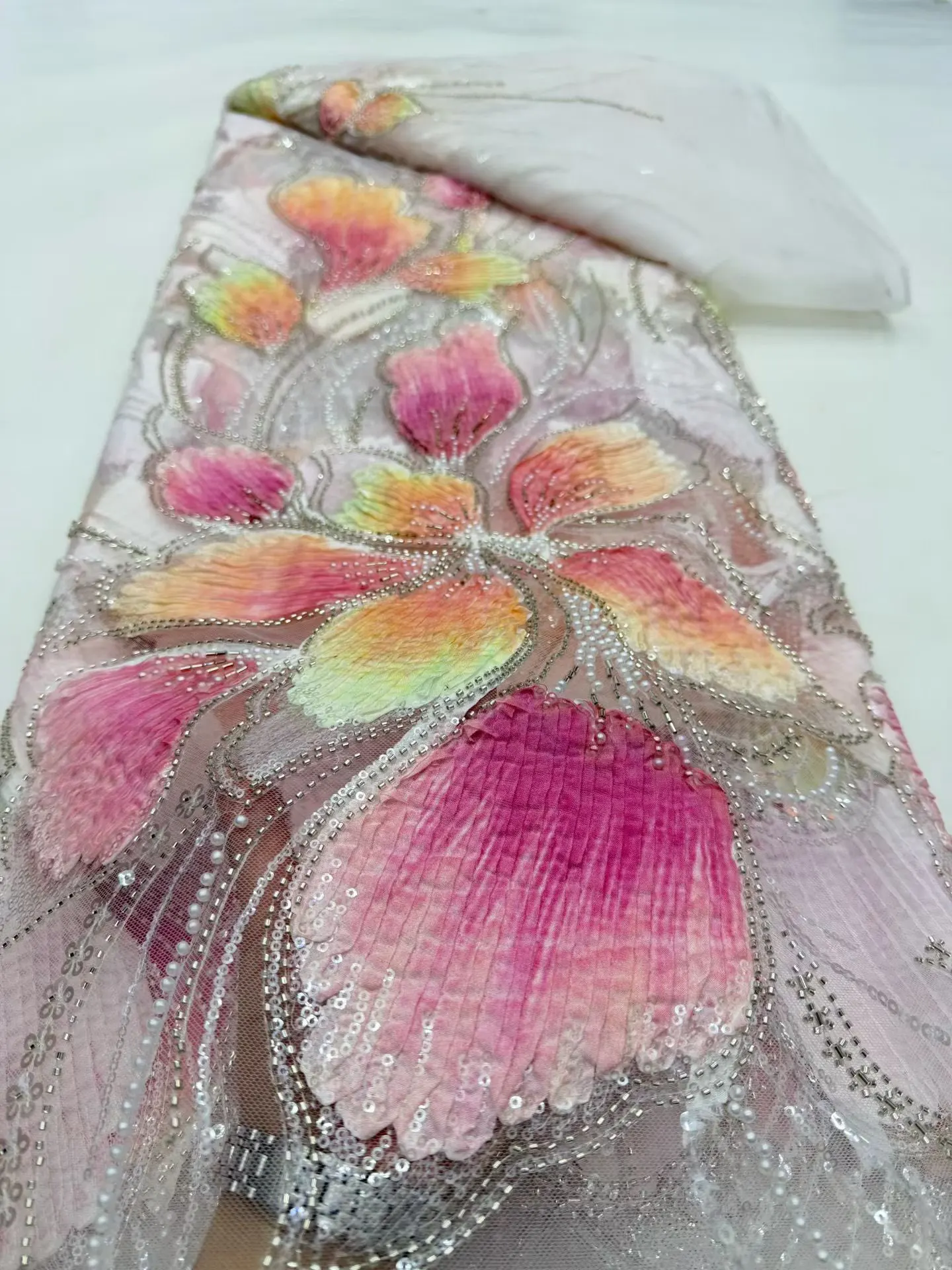 

Nigerian Sequins Tulle Lace Fabric High-Quality Embroidery African Net Cloth for Prom Dresses Beads 5 Yards 2026 DP0450