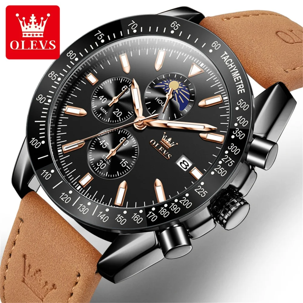 OLEVS New In Quartz Watch for Men Leather Strap Waterproof Luminous Moon Phase Chronograph Top Original Men's Sports Wristwatch