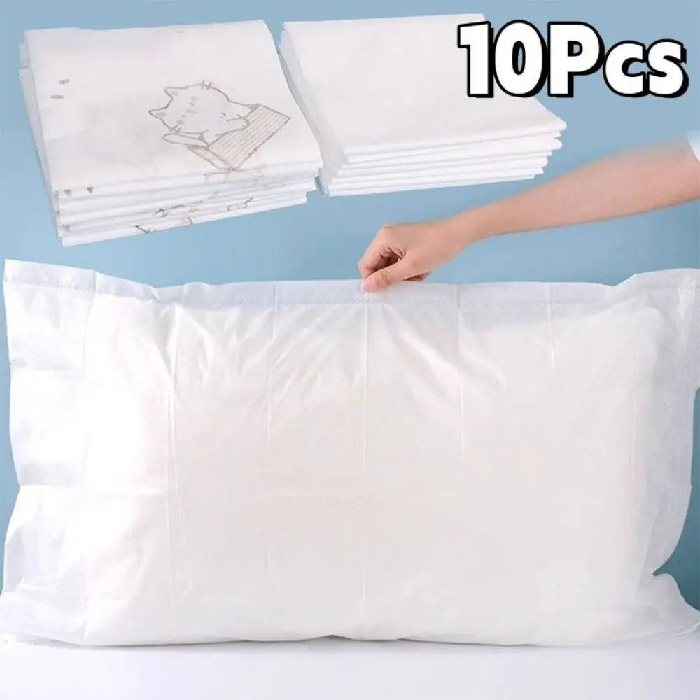 10 Pcs/ Set No Cleaning Disposable Pillow Cover Breathable Non Woven Hotel Pillowcase Anti-fouling Kitten Printing