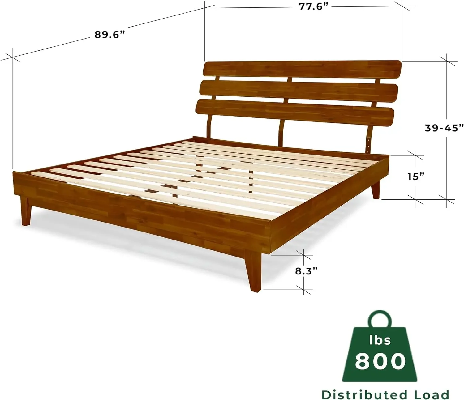 Bme Caden 15 Inch Deluxe Bed Frame with Adjustable Headboard - Mid Century, Retro Style with Acacia Wood - No Box Spring Needed