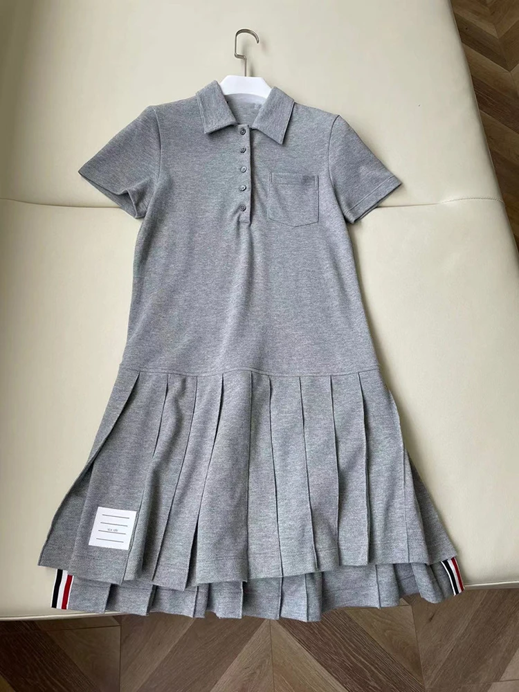 High Quality TB Autumn New Trendy Brand Red White Blue Webbing Polo Collar Short-sleeved Dresses Slim Striped Pleated Dress