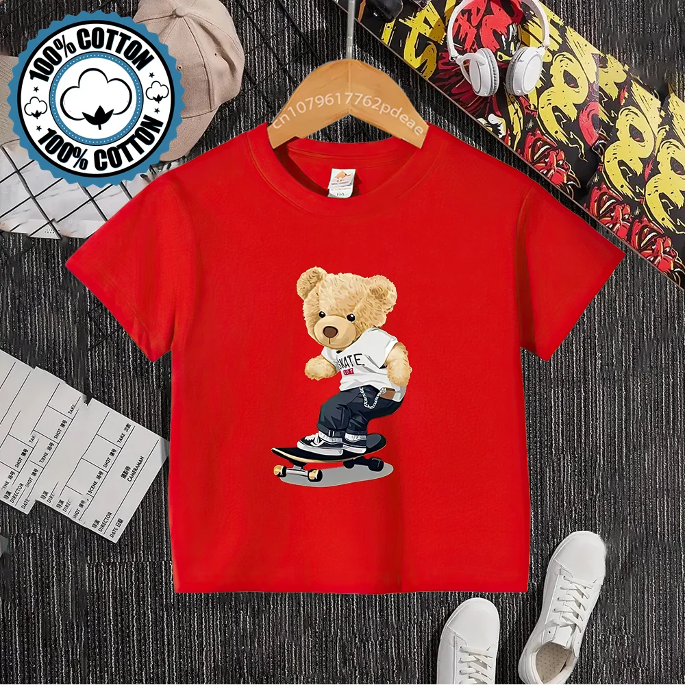 Kids Summer Creative Skateboard Bear Print 100% Cotton T-shirt Boys Girls Comfortable Casual Short sleeve teen top Cotton T-shir