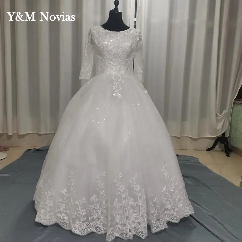 Gaun Pengantin Manis Leher-o Muslim Opaque Video Asli dengan Lengan Panjang Renda Bordir Melatih Kustom Ukuran Besar Vestido De Noiva