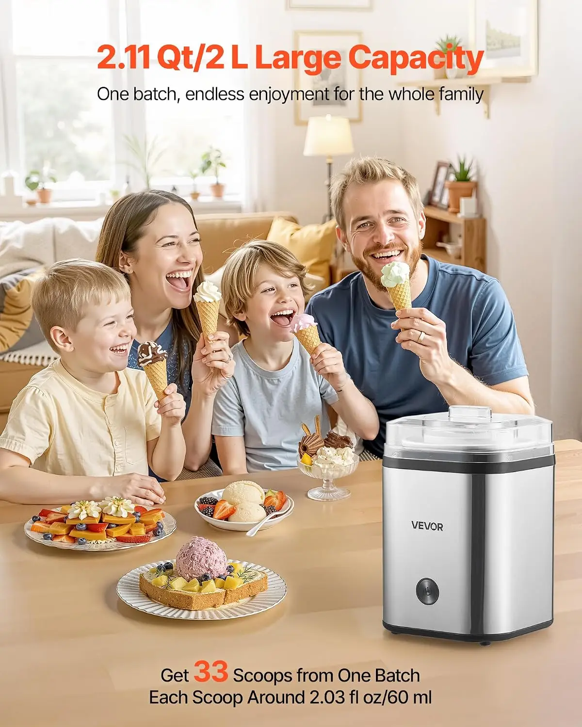Ice Cream Maker, 2.11 Qt. Large Capacity, Electric Automatic Ice-Cream Machine, with Easy Operation & Cleaning, Stainless Steel