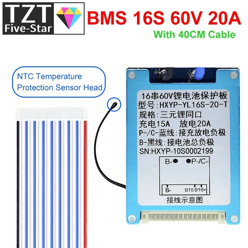 TZT BMS 16S 60V 20A Lmo Ternary Li-ion Lithium 18650 Battery Charge Protection Board With Heat Sink With Temperature Control