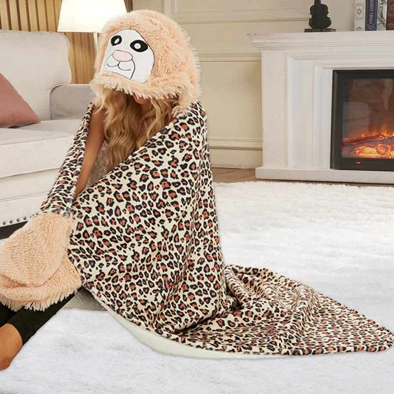 Cartoon Animal Hooded Blanket Soft Wool Velvet, With Sleeves & Gloves, Comfortable Winter Home Blanket for TV Sofa Nap