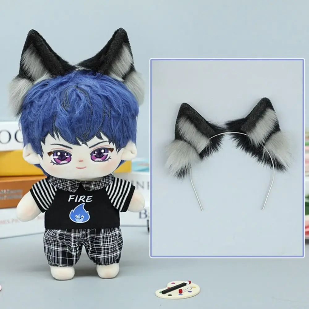 Hairband 20cm Plush Doll Headwear Ear Black White Cat Wolf Ears Idol Doll Headwear Cat Ear Tails Soft Headwear for Cotton Doll