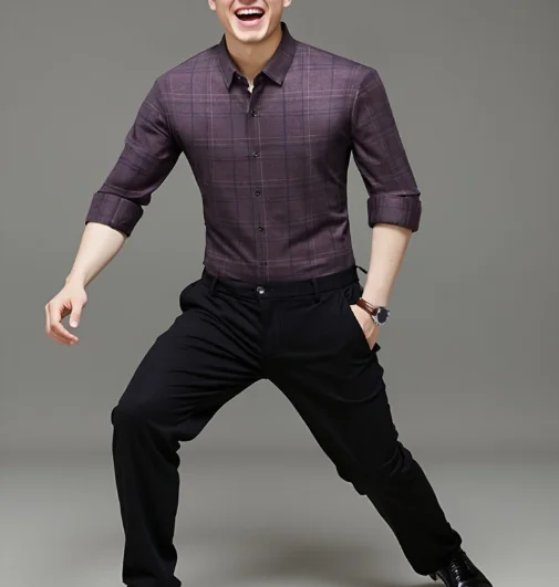 

Men's Shirt Formal Solid Color Wedding Business Long Sleeved Top Clothing Casual Plaid Print Shirts Buttons Placket Shirts