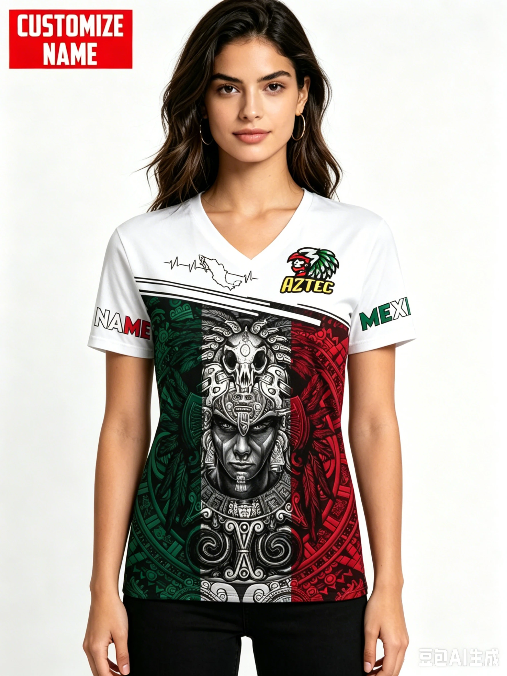 Fashion Customize Name Print T Shirt For Women Mexico National Flag Eagle Pattern Short Sleeve Tee Summer V-neck Female Clothing view 5
