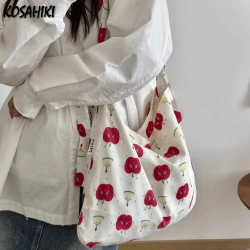 

Fashion Women Sweet Kawaii Print Handbags Y2k Aesthetic Chic Preppy Cute Canvas Bags Office Lady All Match Shoulder Underarm Bag