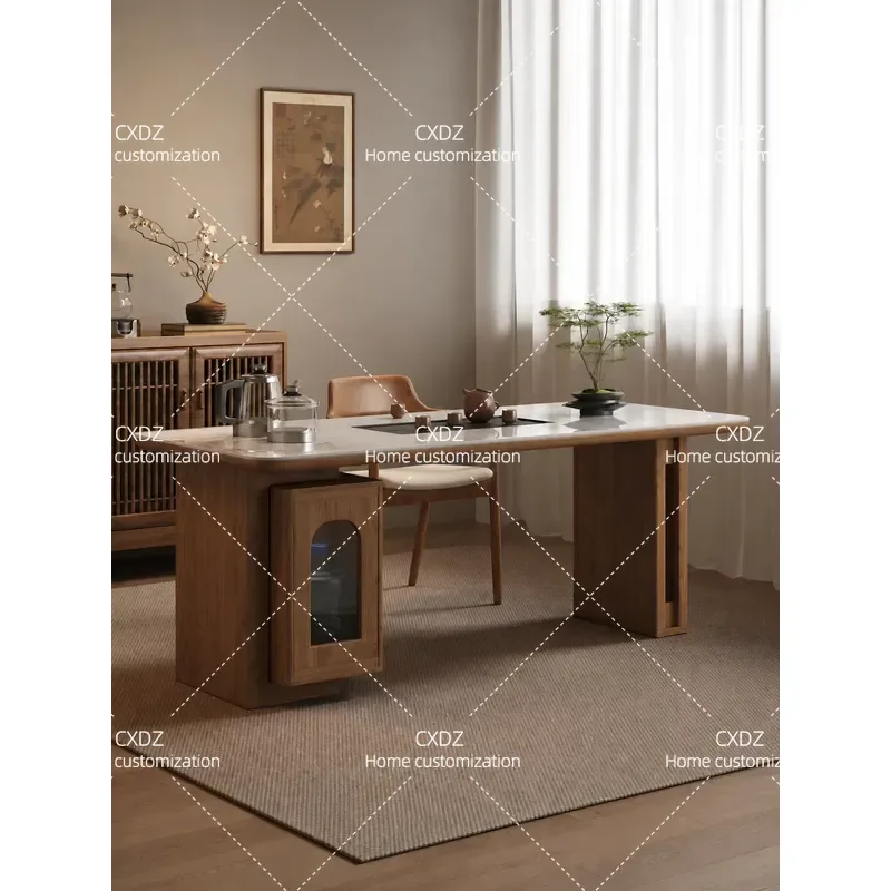 Solid Wood Tea Table and Chair Set New Chinese Style Office Home Integrated Rock Slab Modern Light Luxury Balcony Furniture