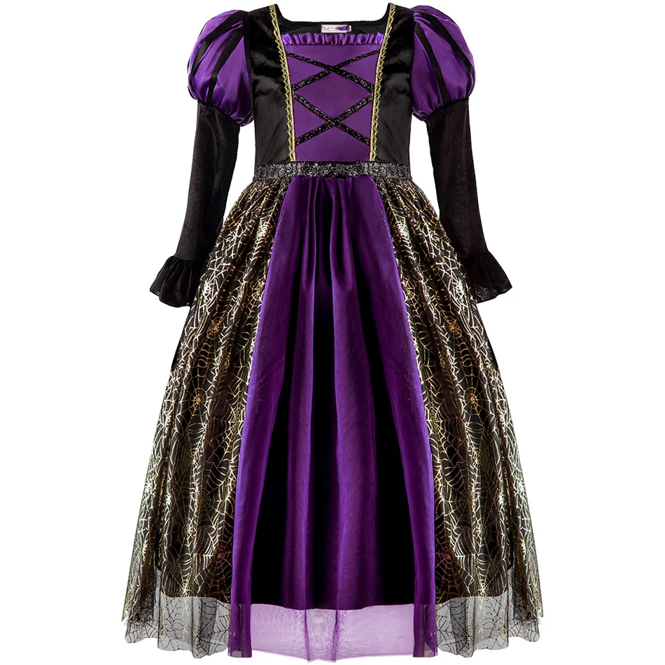 Halloween Girl Costume Children Witch Dress Girl Purple Black Spliced Mesh Fluffy Gown Carnival Party Kids Performance Clothes