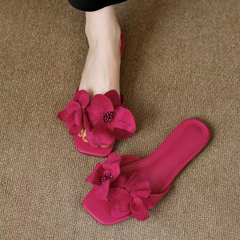 

2025 Summer Open Toe Women Flower Slippers Shoes Ladies Comfort Soft Sole Beach Vacation Slides Shoes