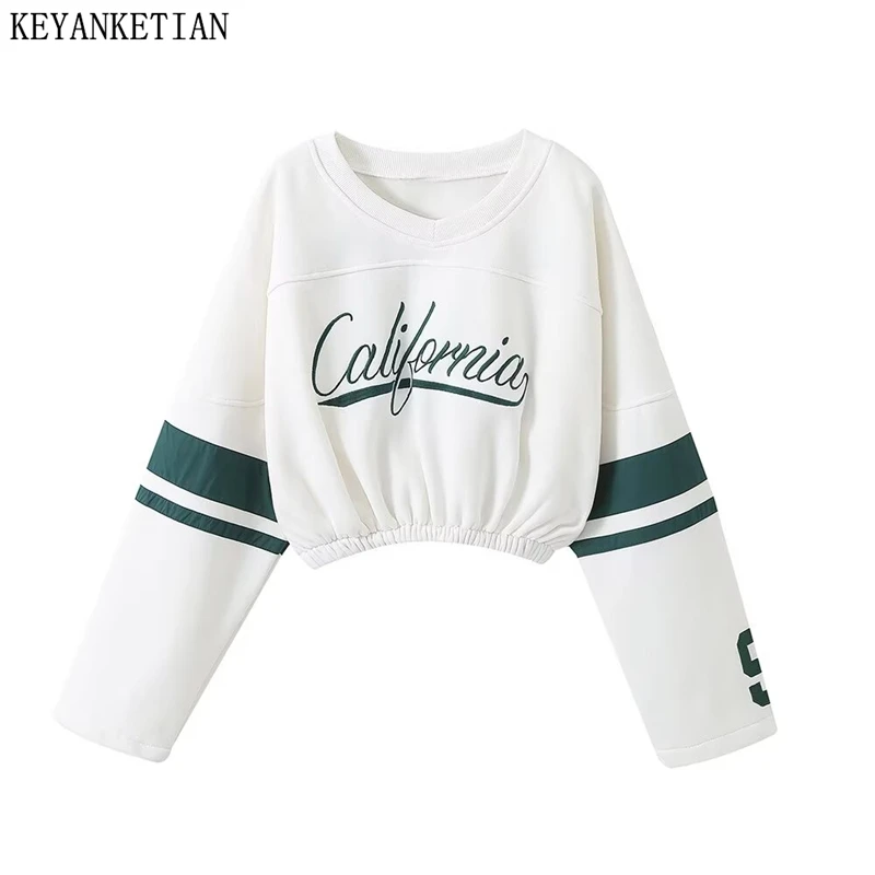 KEYANKETIAN New Women's Letter Print Crop Hoodies Pullover Street style Seam Detail Elastic Waist Loose Cropped Sweatshirts Top