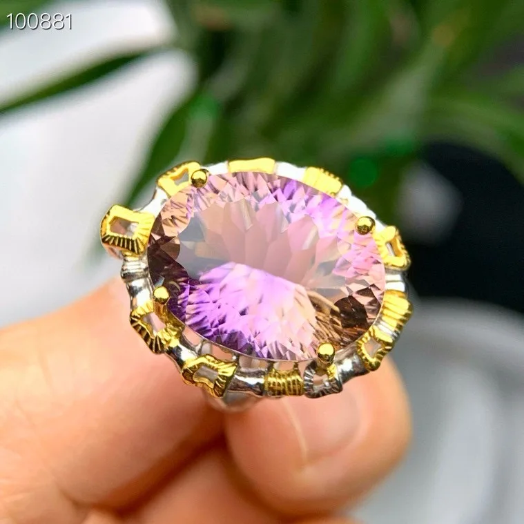 

Кольцо с натуральным аметрином, серебро 925 пробы, двухцветная отделка, 15x19 мм, ручная работа, регулируемое, ювелирное изделие с кристаллами, подарок для женщин