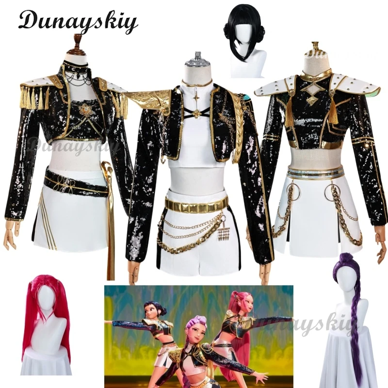 

Kpop охотники на демонов Mira Zoey Rumi косплей костюм охотницы парик золотой сценическое представление Хэллоуин сценический блестящий наряд для ролевых игр
