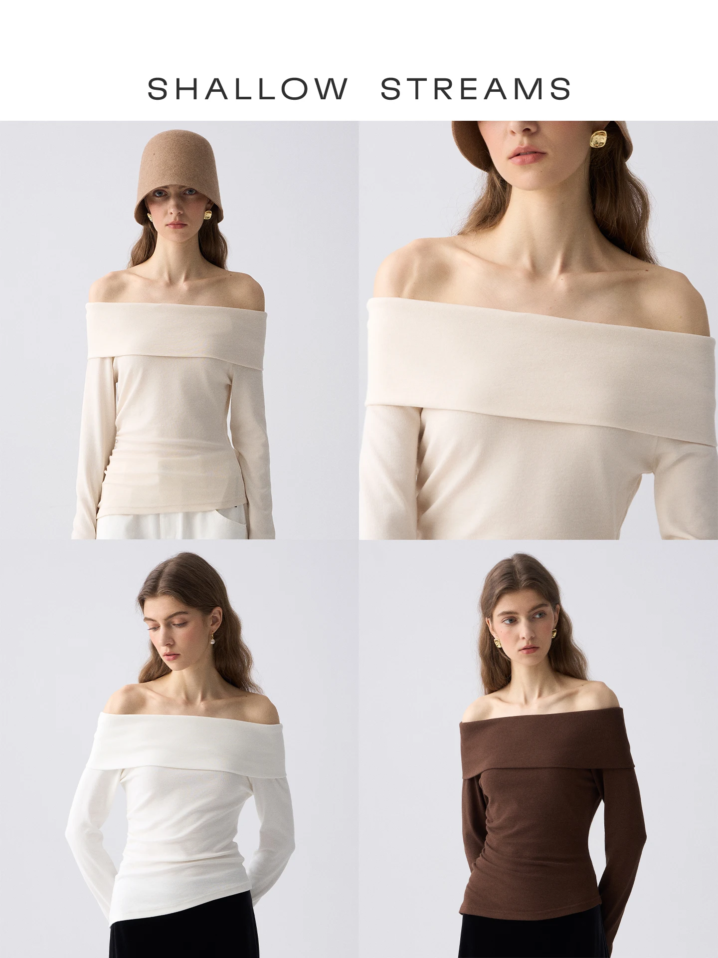 

Minimalist Shoulder Bared Long Sleeve T Shirt Women's Knitted Base Shirt Autumn Casual Style Slim Fit Cotton Blend Long Sleeve