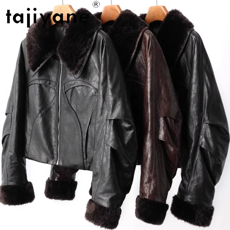 TAJIYANE Ölwachs-Schaffell-Gänsedaunenjacke für Damen, kurze Pufferjacken aus echtem Leder, Wollkragen-Mantel, 2025, Winterkleidung ), Pinter