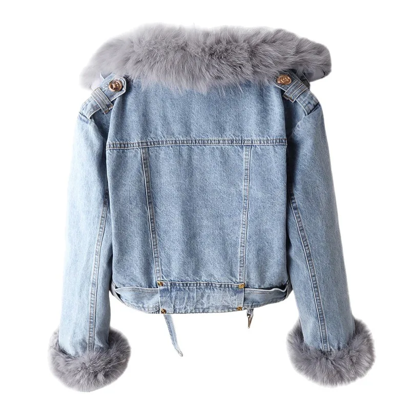 New Women Fur Collar Jean Coat Winter Jacket Female Short Warm Parkas Rabbit Hair Lining Outwear Japanese Korea Fashion Overcoat