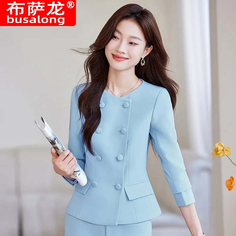 Collarless Blue Blazer for Women2024Spring and Autumn Beauty Salon Hotel Front Stage Work Wear Clothes Professional Tailored Sui